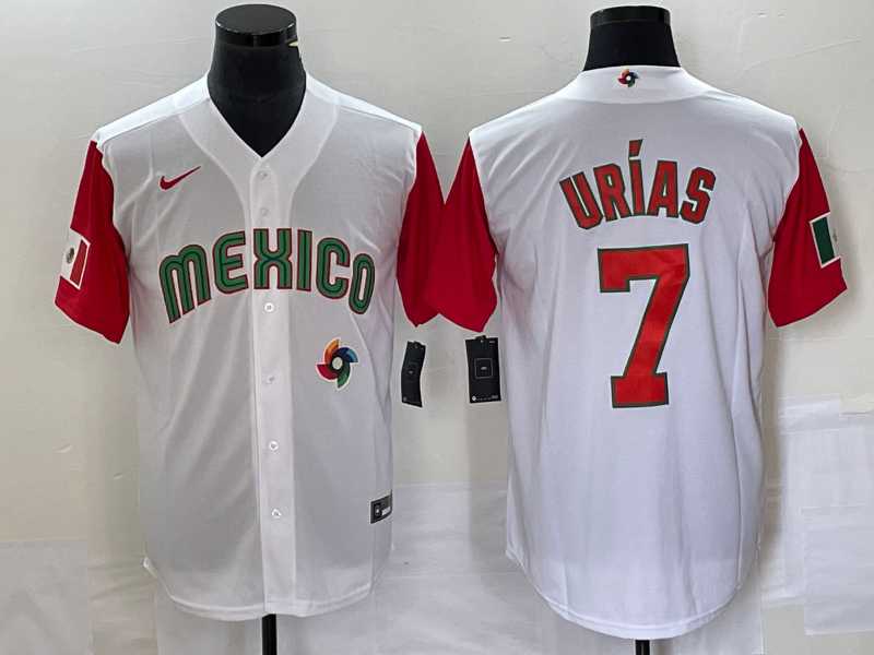 Men%27s Mexico Baseball #7 Julio Urias Number 2023 White Red World Classic Stitched Jersey23